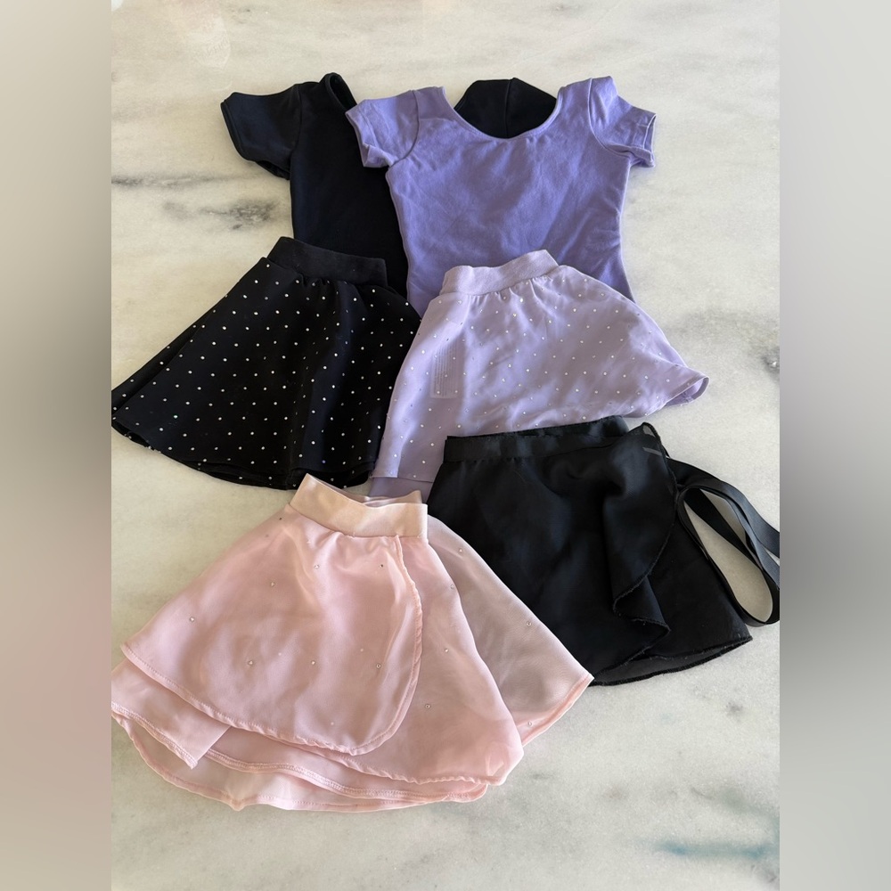 2 Dance Leotards with Skirts + 2 additional Skirts, good condition, girls small